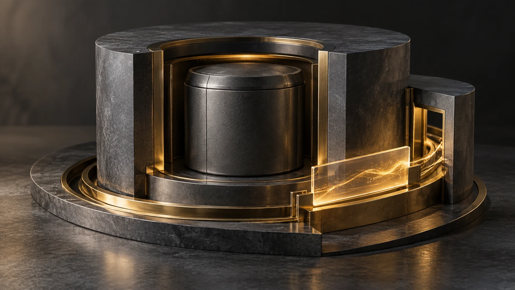 Ein geschlossener Körper ist von einer außen geführten goldenen Platte getrennt.